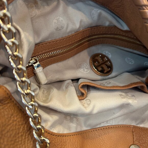 Tory Burch "Marion" Cognac Brown Pebbled Leather Large Slouchy Shopper Tote - Picture 11 of 16